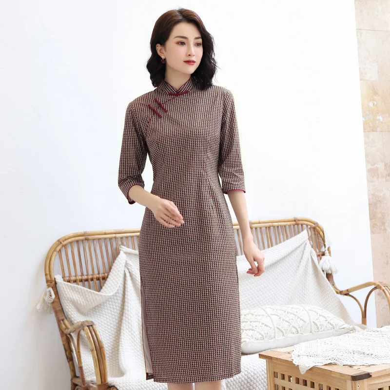 Сексуальное Женское Платье До Колена Cheongsam, весеннее винтажное платье в китайском стиле, женское Хлопковое платье Qipao, тонкое вечернее платье на пуговицах, Vestido M-3XL - Цвет: 3807
