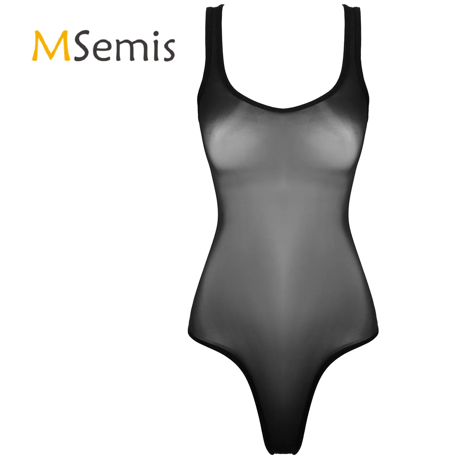 WomensLingerieSeethroughMeshBodysuitUnderwearGlossyScoopNeckSleevelessLeotardCostume