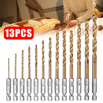 

13pcs 1.5-6.5mm Titanium Coated HSS Drill Bit Electric Drill Plastic Wood Hole Grooving Drill Saw Carpenter Woodworking Tools