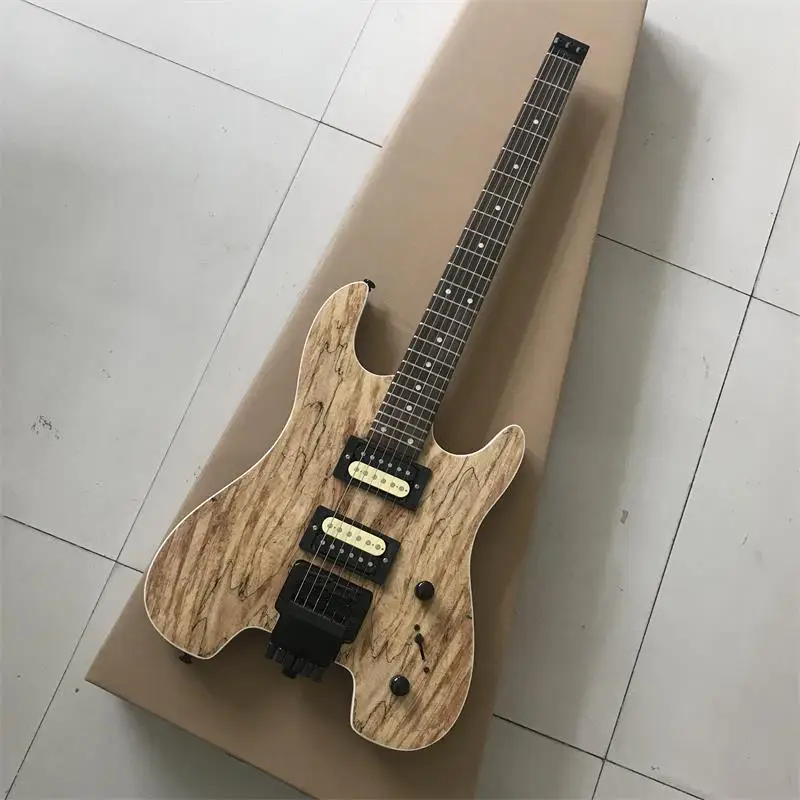 Bw estilo 24 Frets guitarra Electrica sin cabeza con tapa de madera espaltada, acabado brillante natural, Hardware negro
