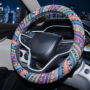

Flax Steering Wheel Cover Car Ethnic Breathable Anti Slip Protector Interior Accessories 38*3.4cm Universal Portable