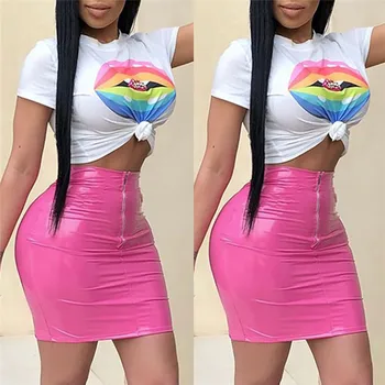

Women PU Leather Skirt Clubwear High Waist Front Zipper Pencil Skirt 2020 Bodycon Sexy Wet Look Bandage Slim Short Mini Skirts