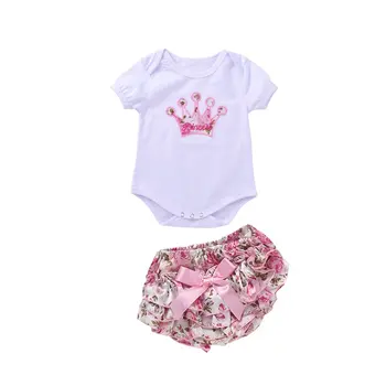 

2pcs Set Baby Girls Bodysuit Embroidered Crown Short Sleeve Jumpsuit Outfits with Mini Pants Toddler Infant Baby Sunsuit Set Hot