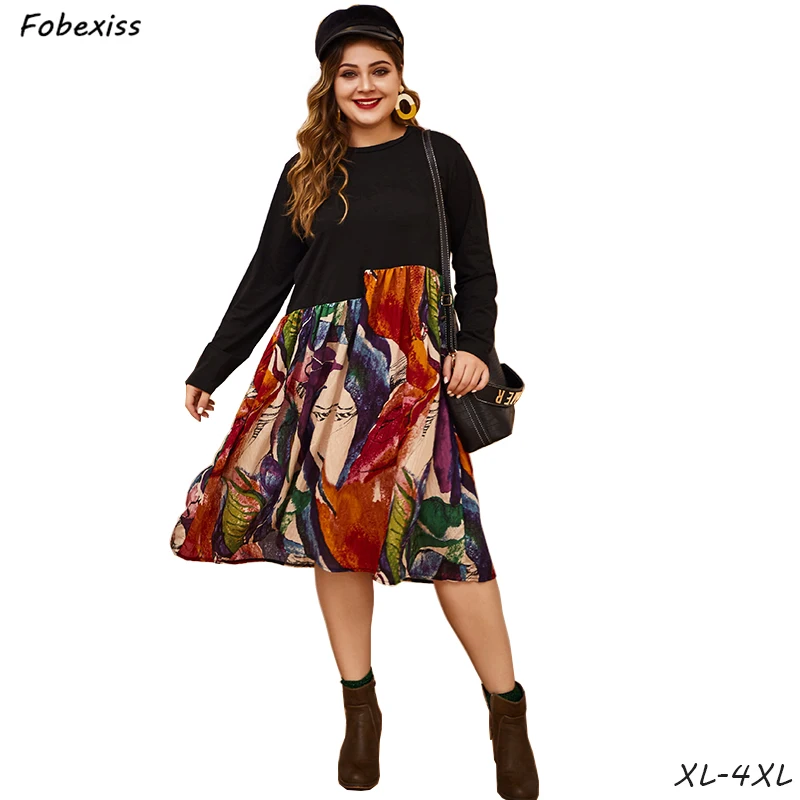

Long Sleeve Black Dress Woman Fall Plus Size Loose Floral Print 4XL O Neck High Waist Midi Dress 2019 Fashion Autumn Dress Women