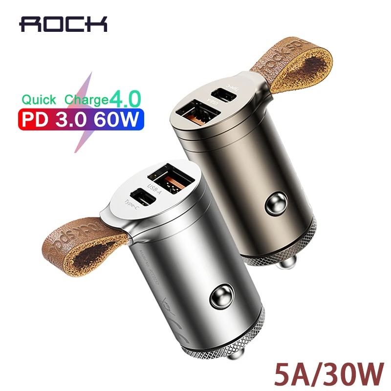 Цена ROCK Quick Charge 4,0 3,0 Автомобильное зарядное устройство 30 Вт USB C PD QC4.0 QC3.0 QC 5A быстрое зарядное устройство с поясом двойной USB мини автомобильный тел...