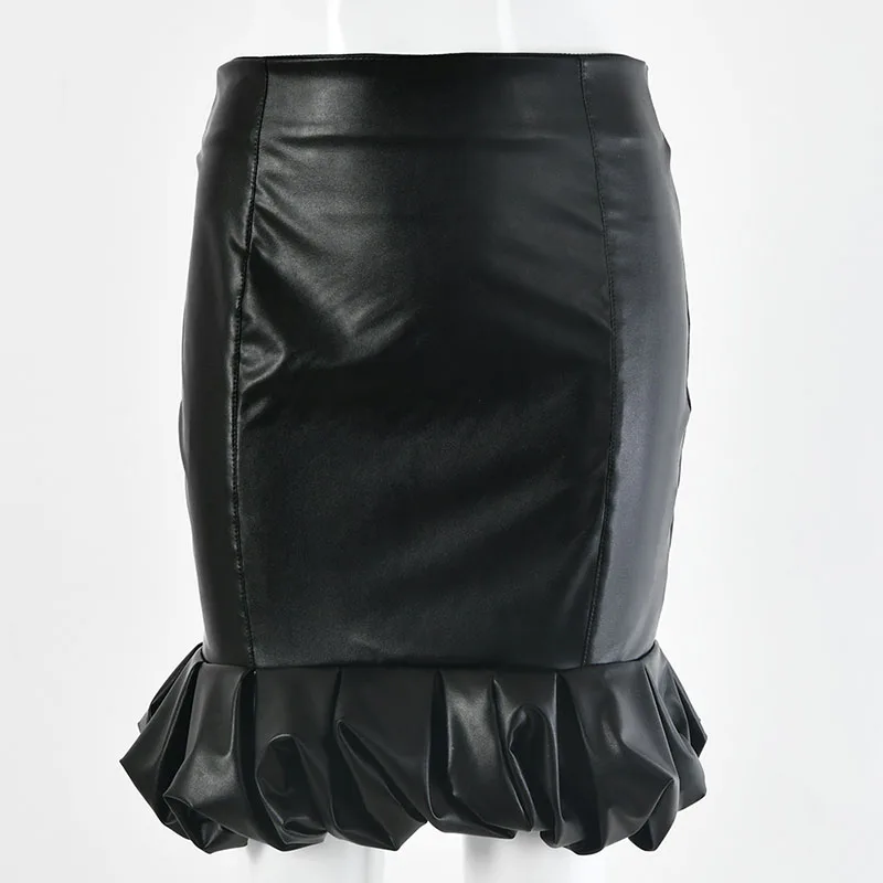 Ruffes Hem женские юбки модные искусственная кожа PU юбки черные однотонные с высокой талией ампир юбки карандаш Сексуальная облегающая мини-юбка LX224