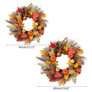 

45/60cm Simulation Pumpkin Maple Leaf Wreath Garland Wall Door Hanging Halloween U2JC