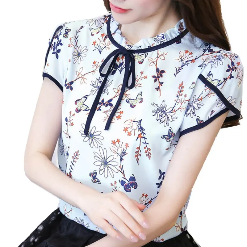 

Women Chiffon Blouses Print Blusas Floral Shirt Tie Elegant Blouses Tops For Womens