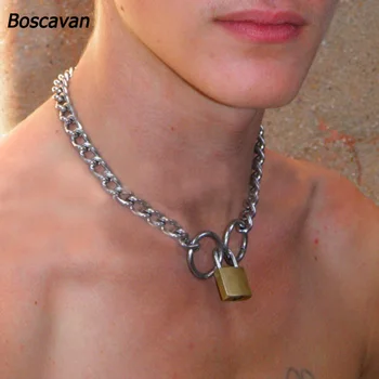 

Cool Hiphop Unisex Men Women Chain Links Choker Necklace Padlock Bronze Locks Collar Necklace