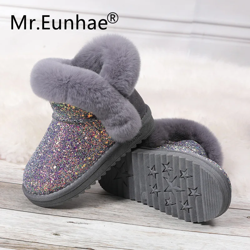 

Girls Bling Sequined Cloth Snow Boots Fox Fur Plush Ankle Boots Ugs Kids Australia Anti-Slippery Rubber Boots Botte Bebe Fille