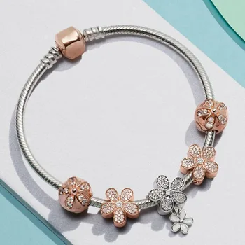 

2019 NEW 100% 925 Sterling Silver 1:1 Dazzling Daisy Rose Gold Beaded Elegant Flower Bracelet Gift Fashion Set Free Shipping