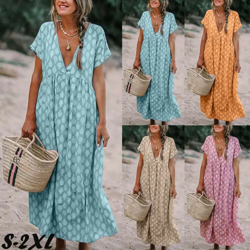 

Women 2019 New Spring Autumn Dress Beach Style Loose Short Geometric Pattern Regular V Neck Dress