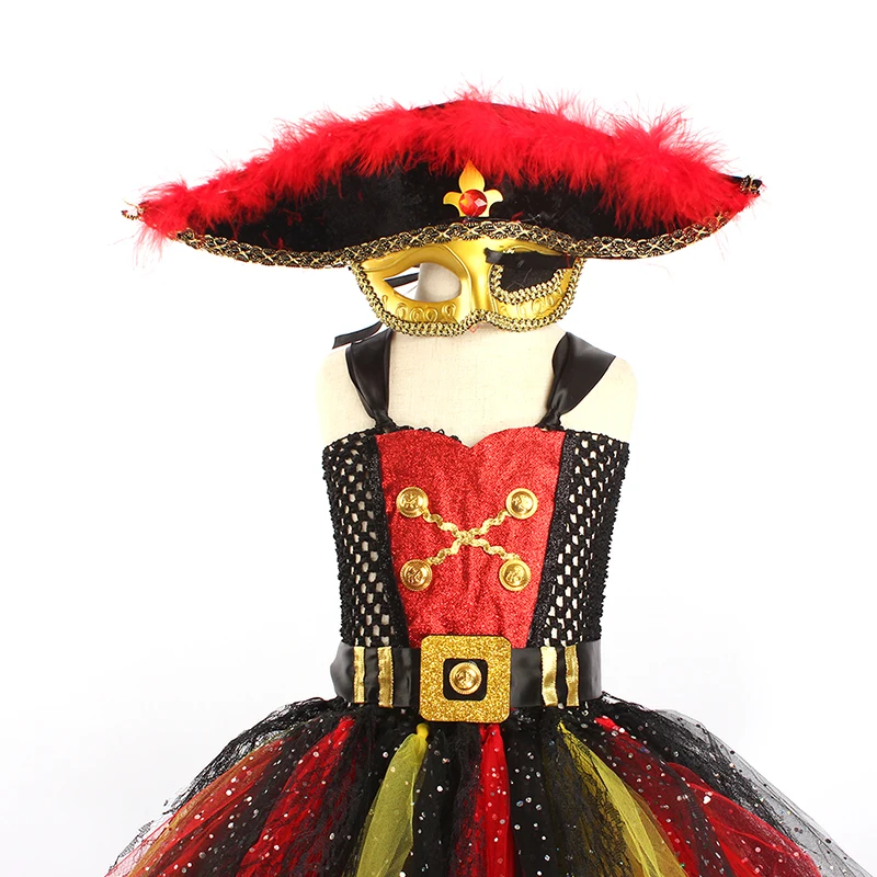 Girls Pirate Tutu Dress Costume Black Red & Gold Glitter Kids Deluxe Pirate Masquerade Halloween Role play Party Tutu Clothes (14)