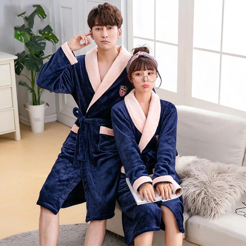 Couple Lounge Kimono Gown Coral Fleece Warm Robe Bathrobe Winter Casual Home Clothing Women Soft Flannel Nightgown Sleepwear