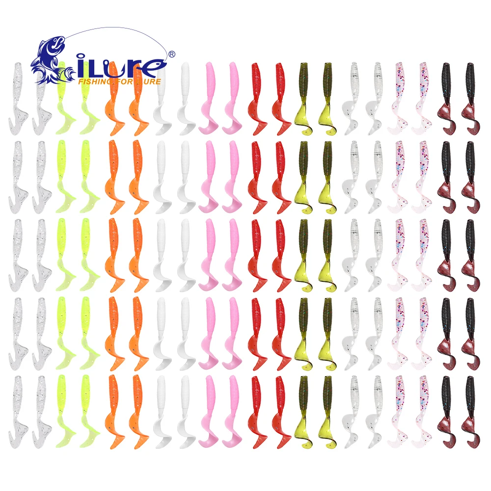 

ILURE 100Pcs/lot Fishing Lures 40mm0.4g Wobblers Carp Fishing Soft Bait Swimbait Curly Worms Silicone Artificial Soft Bait Pease