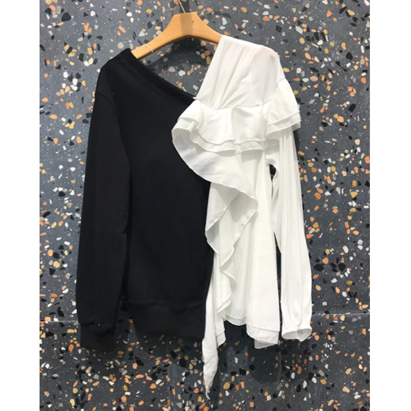 

Han Guodong door autumn outfit new fashion relaxed falbala splicing irregular coat women long sleeve fleece