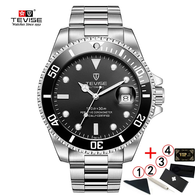 Tevise Luxury Waterproof Automatic Men Mechanical Watch Auto Date Steel Business Top Brand Man Watches Water Resistant - Color: 1-black-silver-box