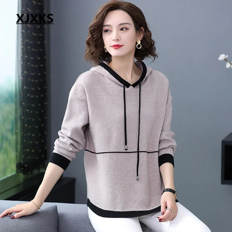 

XJXKS Fashion Falling shoulder sleeve Hooded Women Sweater 2019 Autumn Winter New Cashmere Knitted Sweater Women Pullover