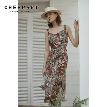 

CHEERART Oil Painting Floral Spaghetti Strap Dress Women Vintage Backless Long Side Split Dress Tunic 2020 Summer Clothes