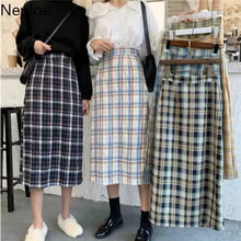 Neploe, клетчатые женские юбки, Осень-зима, модные, с эластичной талией, тонкие, повседневные, корейские, шикарные, с высокой талией, до середины икры, женские юбки 80394