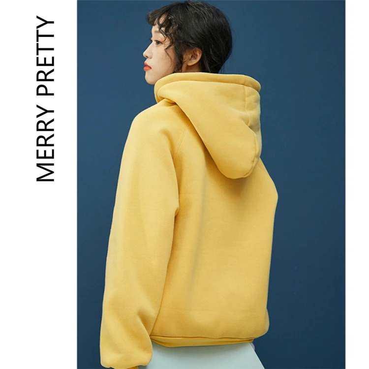 Merry Pretty, одноцветные толстовки с буквенным принтом, свитшоты, женские зимние теплые толстые пуловеры с капюшоном, толстовки с карманами на завязках