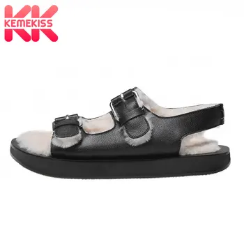 

KemeKiss Warm Fur Women Sandals Black Real Leather Buckle Punk Cool Women Shoes Pattern Casual Outdoor Hot Footwear Size 34-39