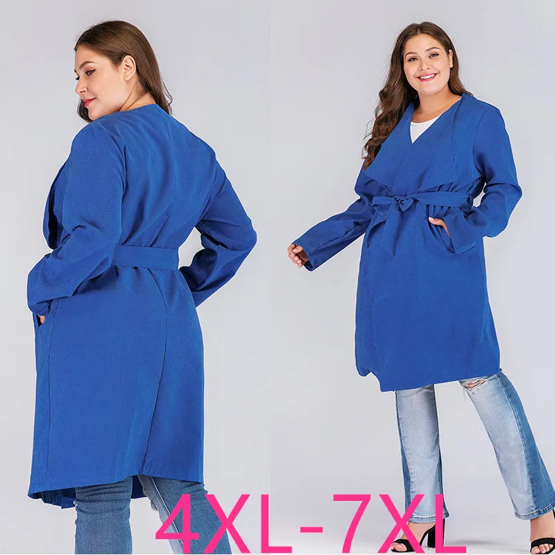 autumn winter women plus size casual loose long sleeve coat trench windbreaker large size with belt blue 4XL 5XL 6XL 7XL