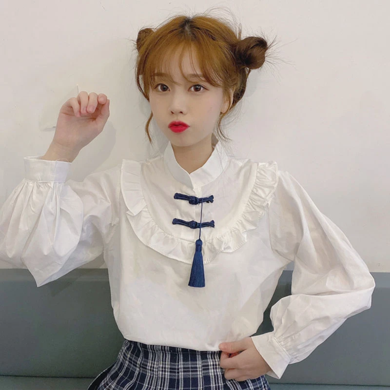 Camisa blanca de estilo mujer, Tops Vintage con volantes, borla, manga abombada, blusa Lolita con cuello levantado, ropa japonesa para chica adolescente|Blusas y camisas| - AliExpress