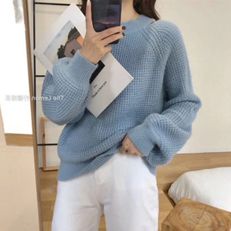 Retro French Sweater Women's Lantern Sleeve Loose Hanging Neck White Sweater Acrylic Vintage Blue Pullovers Female Tops Lady