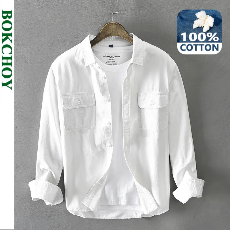 Camisa de manga larga para hombre, Camisa de algodón puro estilo Retro abotonada GA-Z102