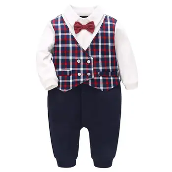 

Famuka Baby Boys Fake 2pcs Clothing Infant Plaid Gentleman Bowtie Romper 100% Cotton Jumpsuit Newborn Boy One Piece for Birthday