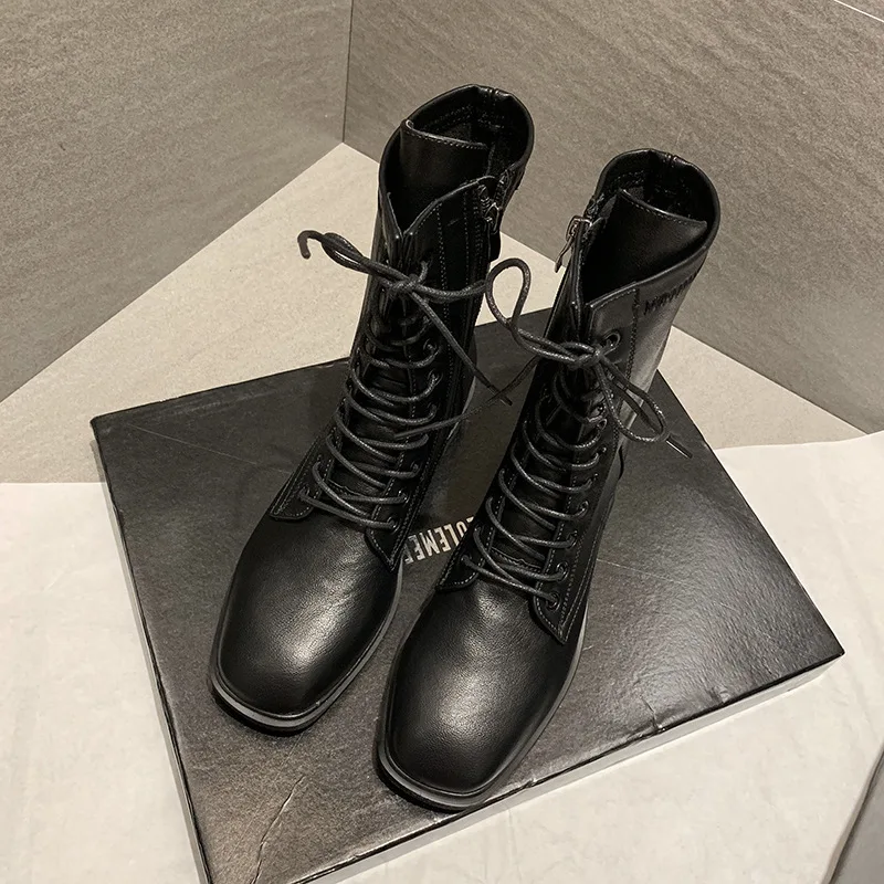 

2019 Round Toe Bandage Zipper Pu Leather Cool Black Single Shoes Women Short Boots New Spring Autumn Fashion Tide