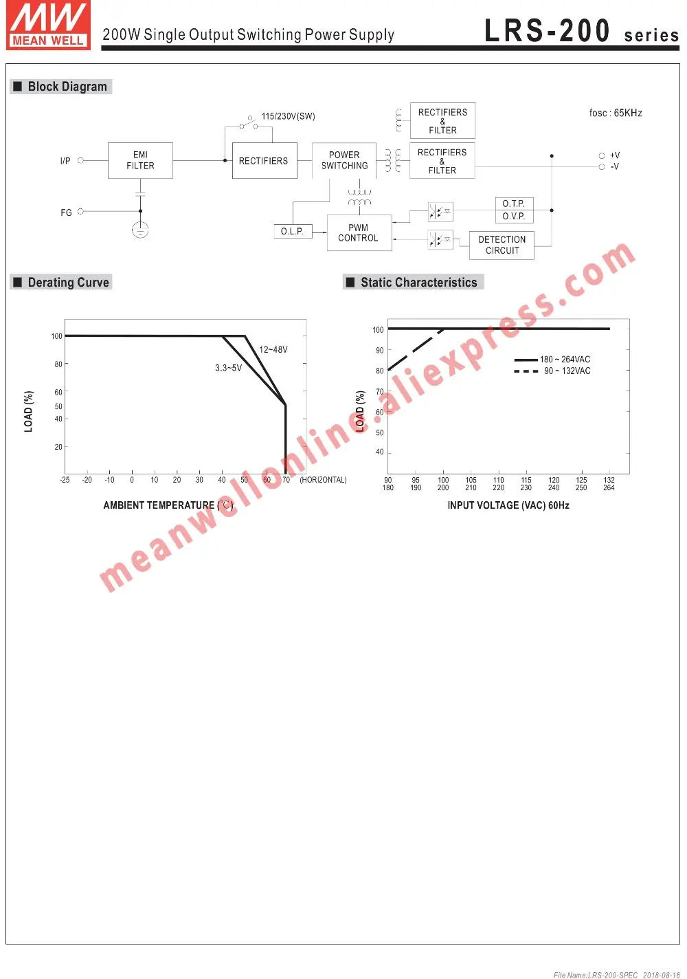 LRS-200-5 Meanwell, 5V, 40A, 200W, DC, Saída única, Loja online