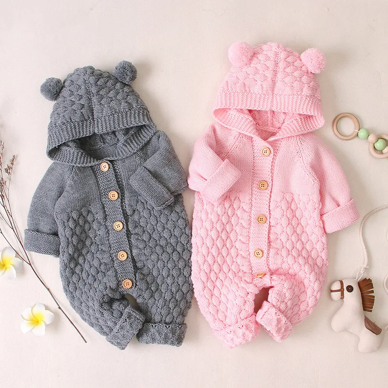 0-24M Newborn Baby Knit Romper Boys Girls Autumn Winter Clothes Long Sleeve Hooded Sweater Jumpsuit Baby Playsuit Outfits