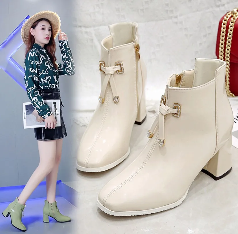 

2019 Winter Boots For Women High Heel Shoes With Laces Artificial leather Platform Buckle Ankle boots Women Shoes