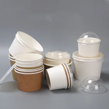 

50pcs Kraft paper soup bowl disposable food bucket ice cream paper cup round dessert porridge takeaway packaging box with cover