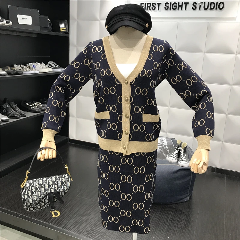Осень зима элегантный женский вязаный жакет+ юбка костюмы с v-образным вырезом геометрический узор OL модный вязаный наряд