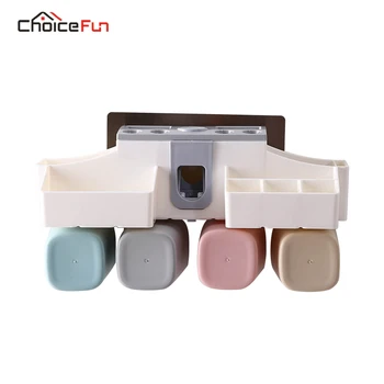

CHOICE FUN Multifunctional Wall-mounted Toothbrush Rack Includes 4 Mouthwash Cups Toothpaste Squeezer Storage Box