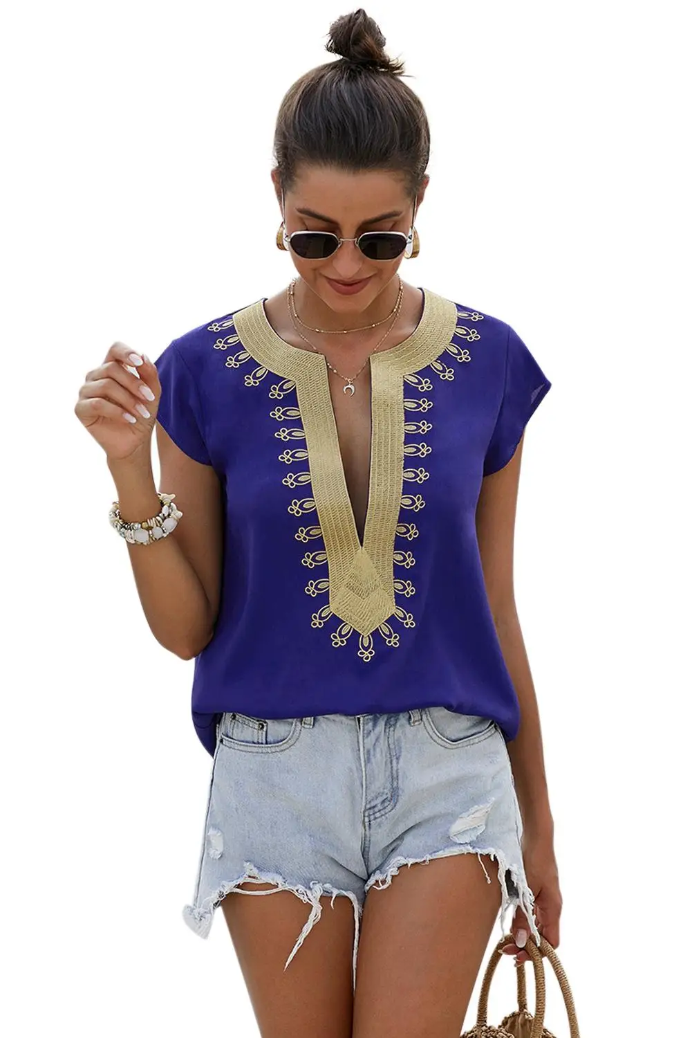 

Spring and autumn Women's Blouse Summer Boho Casual V Neck Shirt Embroidered Top Blouse chemisier femme