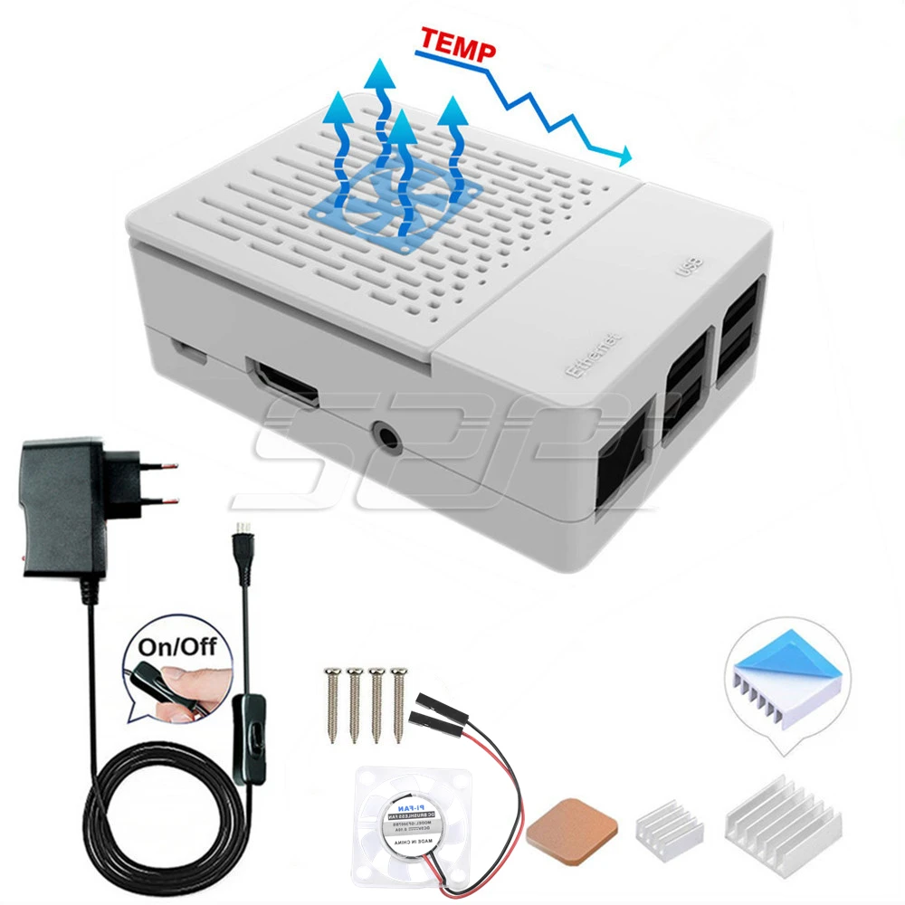 White with Adapter 52Pi ABS черный/белый цвет чехол Корпус крышка комплект с радиаторы и охлаждающим вентилятором для Raspberry Pi 3 Модель B+/3/2 Модель B - Цвет: White with Adapter