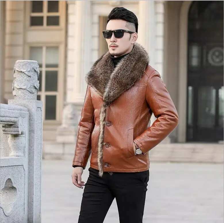 Winter raccoon Fur Leather Jacket Men Size 6XL Suede Leather Jackets Real Fur Thick Warm Long Suede Jacket Clothing