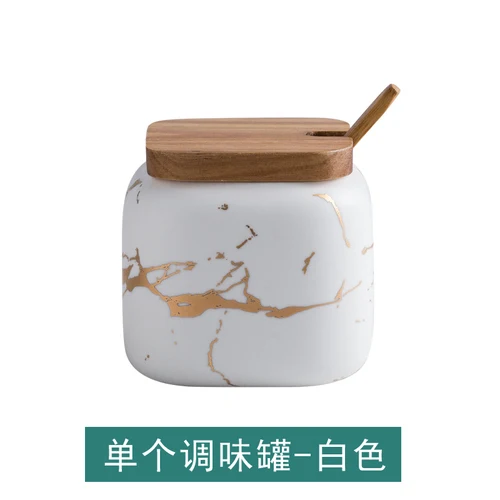 Marble Pattern Ceramic Kitchen Seasoning Tank Set Wooden Cover Sugar Salt Storage Tank Salt Shaker Spice Jar Kitchen Accessories - Цвет: white--single