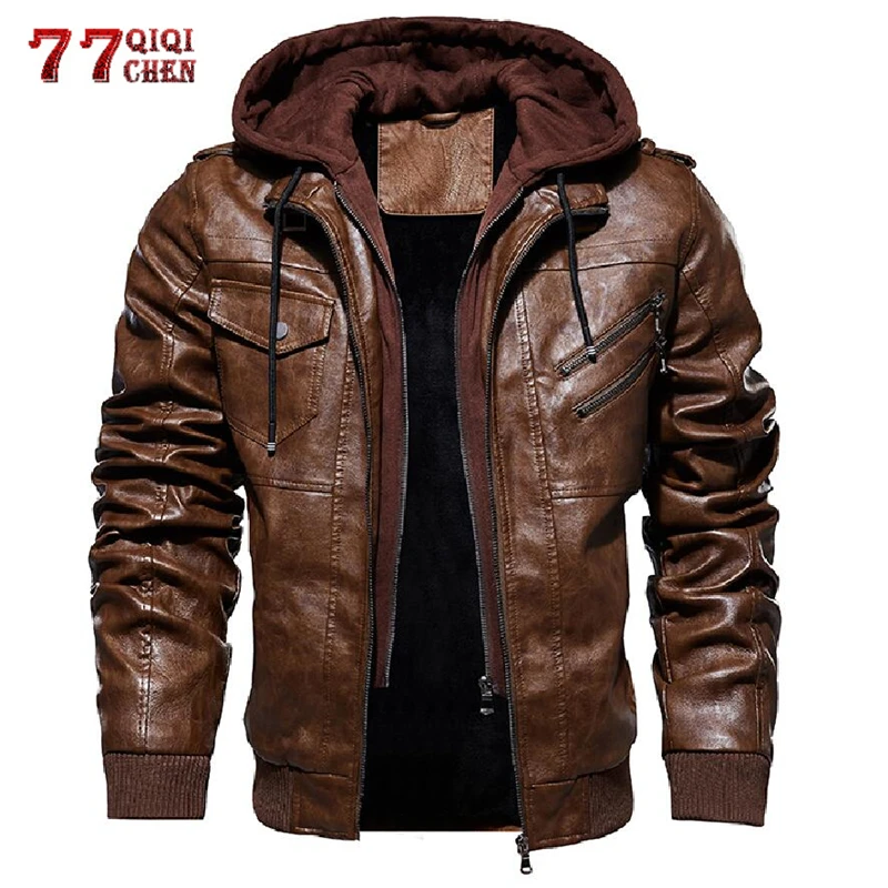 Motorfiets Lederen Jas Mannen Herfst Winter Windbreaker Hooded PU Faux Luxe Jas Mannelijke Uitloper Warm Baseball Fleece Jassen 5XL