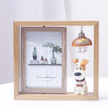 

6 inch Double Rotation Photo Frame Wood Cute Caton Animal Photo Holders With Lights Home Decor Holiday Gifts