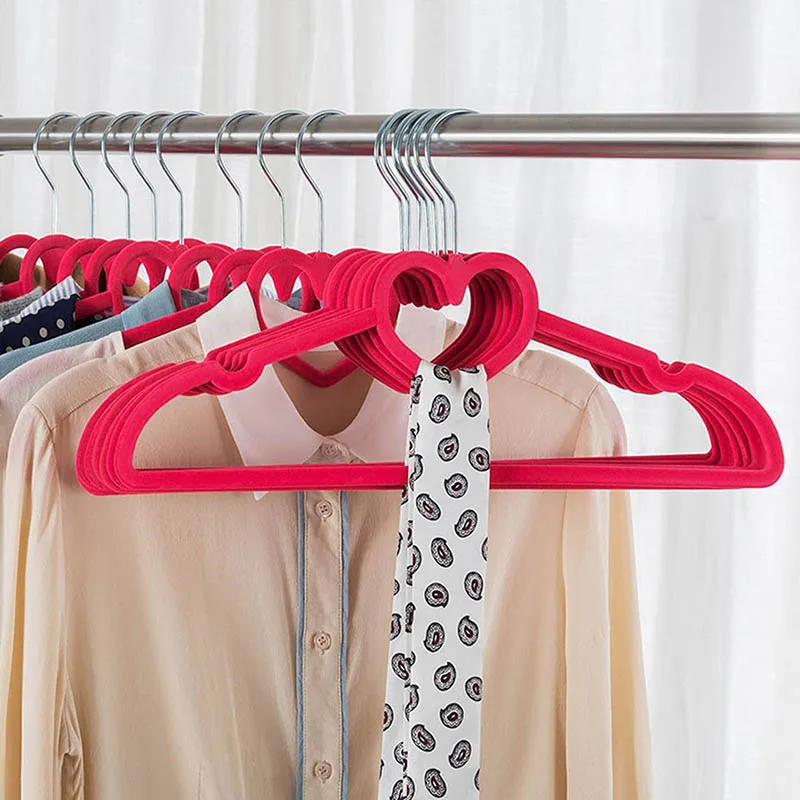 10pcs Non-Slip Ultra-Thin 360 Degree Swivel Flocked Adult Clothes Hangers with Heart Tie Bar Heart-shapedWedding Hanger  LC