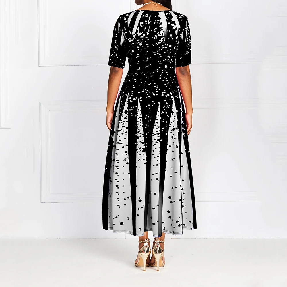 Najtaniej Moda kobiety połowa rękawem elegancki okrągły dekolt Boho bandaż druku długa, do połowy łydki sukienka panie na co dzień szczupła sukienka damska