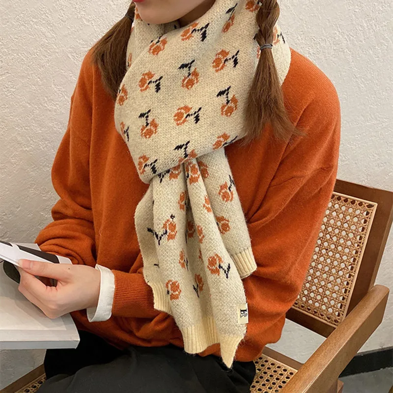 New Woman Autumn And Winter new Korean knitting Small floral scarf cute student decoration warm long Color grid bib
