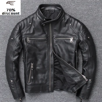

2020 New Men's Genuine leather jacket Black Brown Racing suit with collar, motorcycle real leather jacket, cow leather jacket