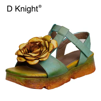 

Genuine Leather Hand Painted Women Wedge Sandals Retro Flower Soft Ankle Strap Platform Sandal Retro Summer Lady Shoes Med Heels