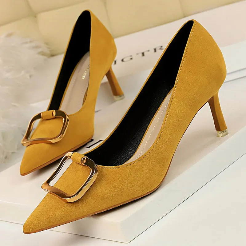 

Bigtree Shoes Kitten Heels Metal Button Women Pumps Suede Women Shoes High Heels Office Women Heels Ladies Shoes Free Shipping